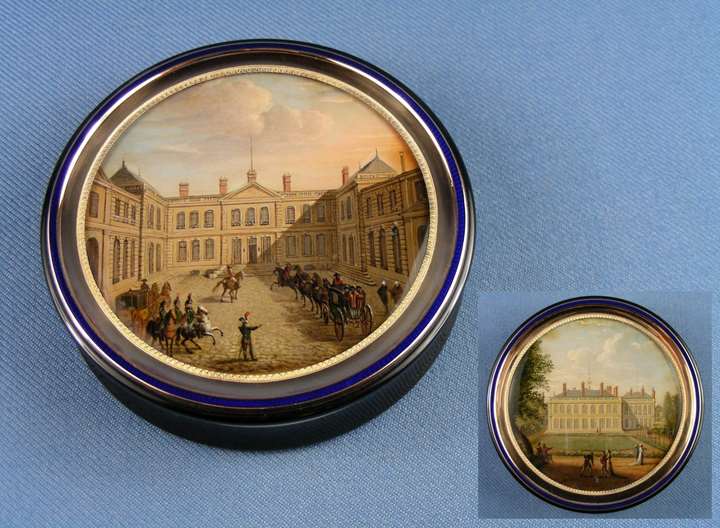 Antique French round gold and enamel box with verre eglomise miniatures of Napoleonic interest